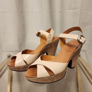 Italian Leather and Suede Cream Wedge Sandals